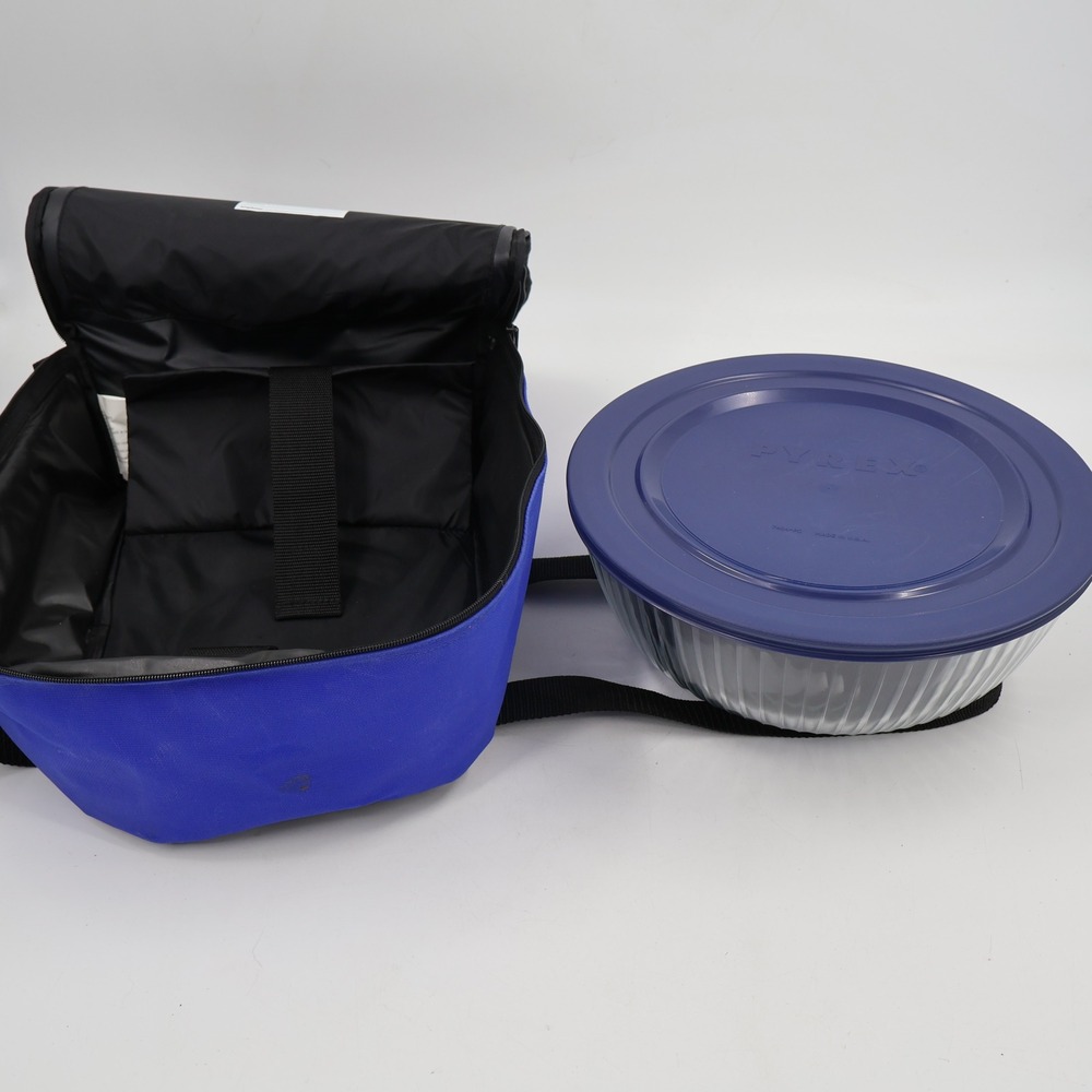 Pyrex Portables Mixing Bowl Carrier Set Blue Ribbed Glass 7404-PC USA Made